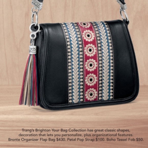 Brighton Handbags - Brighton Bronte Black Leather embroidered removable handle Organizer Flap Bag